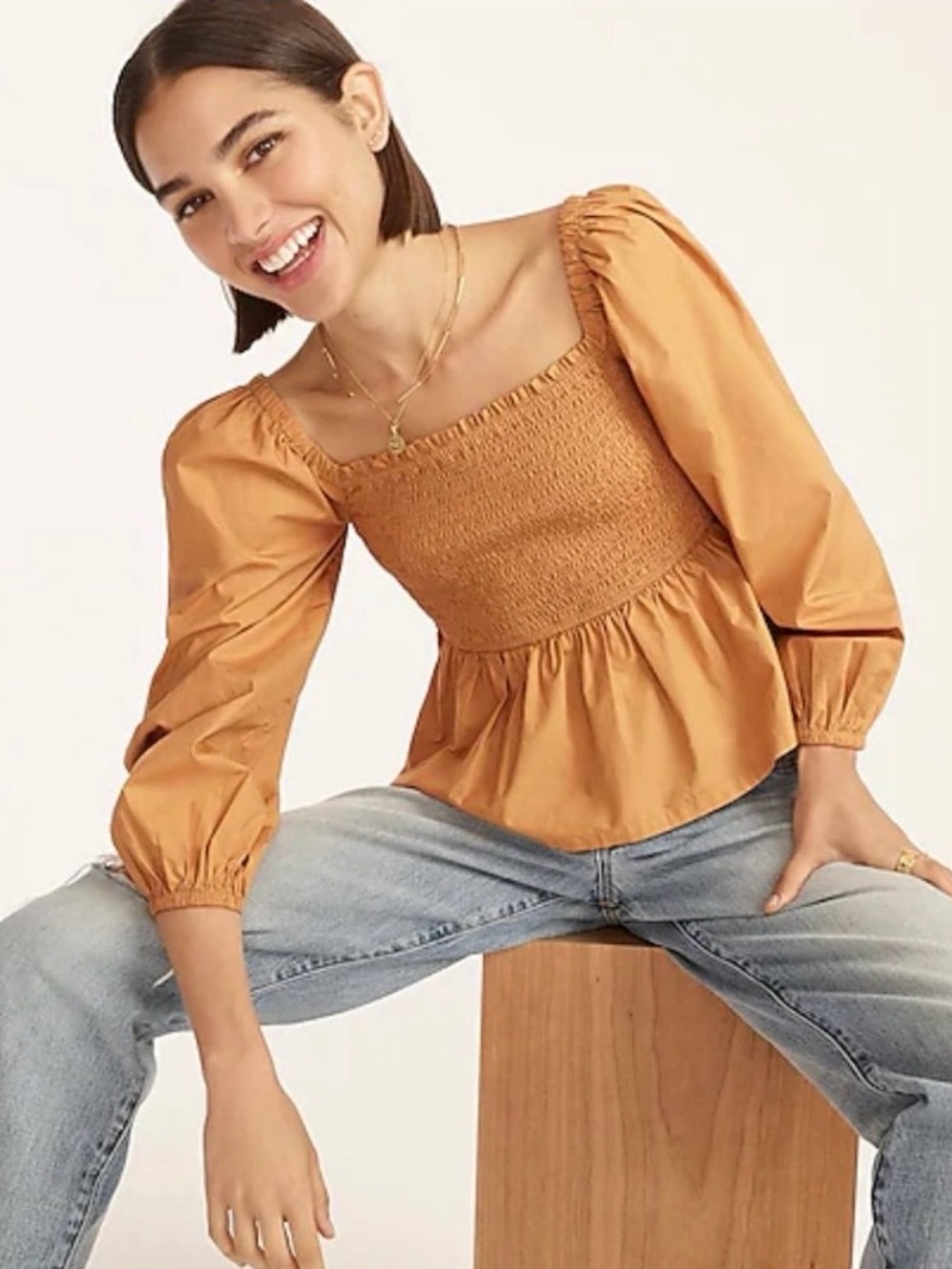 J. Crew Smocked Square-Neck Peplum Top in Mustard Gold, Women’s Size M